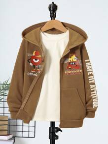 SHEIN 男大童寬鬆學院風連帽衛衣帶常規肩膀和圖案 - 卡其色 - 查看 5