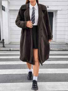 Flirla Plus Double Breasted Teddy Coat - Brown - View 3