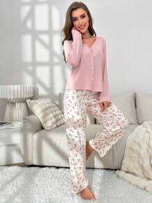 CottageSlumber Bộ đồ ngủ/Pjama cài nút và quần in hoa cho mùa lễ hội, họa tiết hoa rực rỡ, ấm cúng và thanh lịch, trang phục thu đông - Hồng - Xem 4