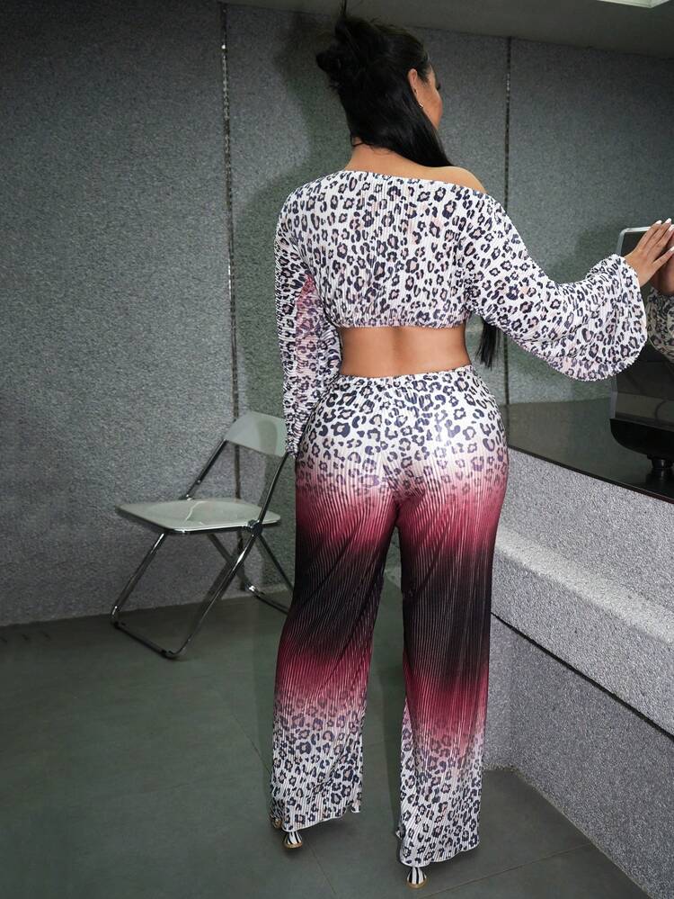 Leopard Print Asymmetrical Neck Crop Top & Pants