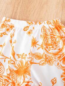 SHEIN 女嬰花卉和字母圖案條紋飾邊T恤和運動褲 - 橘色 - 查看 8