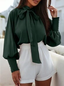 Tie Neck Lantern Sleeve Blouse - Dark Green - View 5