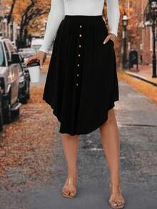 SHEIN LUNE 素色隱藏口袋紐扣細節弧形下擺半身裙 - 黑色 - 查看 5