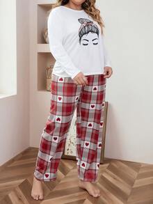 Plus Hình Áo thun họa tiết & Quần in kẻ sọc PJ Set / Bộ Pajama - Đỏ và trắng - Xem 5