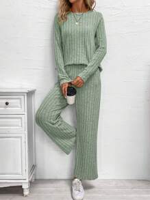 SHEIN LUNE Camiseta unicolor tejida de canalé & Pantalones acampanados