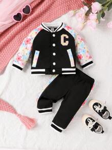 女嬰印花插肩袖學院風夾克和運動褲 - 黑色 - 查看 1