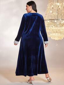 Al Najma Plus Guipure Lace Velvet Dress - Navy Blue - View 2