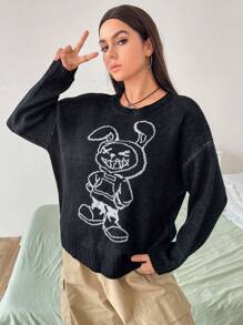Flirla Plus Cartoon Pattern Drop Shoulder Sweater