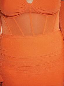 SHEIN BAE Plus Halter Neck Ruched Mesh Bodycon Dress - Orange - View 6