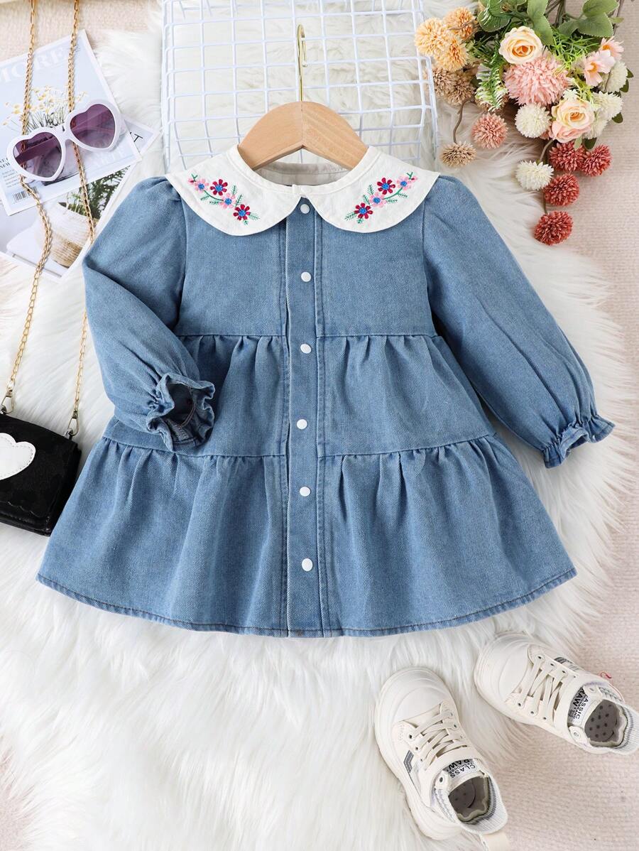 SHEIN Bebeluș Fetiță Broderie Florală Guler Peter Pan Manecă Volanată Tiv Rochie Robo - Albastru - Vizualizare 1