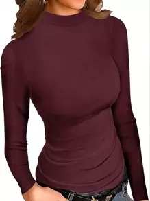 SHEIN Essnce Solid Mock Neck Ruched Side Tee - Burgundy - View 1