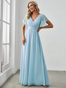 Fall Winter Surplice Neck Butterfly Sleeve Chiffon Light Blue Bridesmaid Dress Elegant Dress Wedding Guest Dress For Wedding Fall Semi Formal Dress