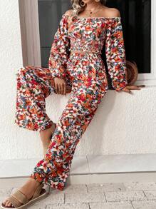 SHEIN VCAY Allover Floral Print Off Shoulder Crop Top & Wide Leg Pants - Multicolor - View 6