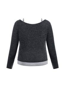 SHEIN CURVE+ 大碼挖肩假兩入組T恤 - 灰色 - 查看 2