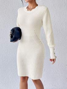 SHEIN Frenchy 紐扣細節條紋針織毛衣洋裝 - 米色 - 查看 5