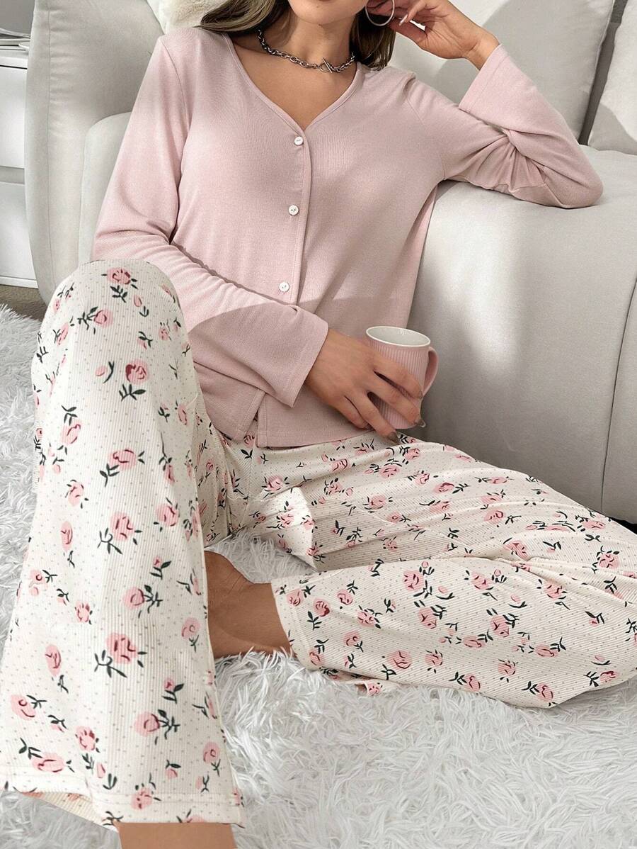 CottageSlumber Bộ đồ ngủ/Pjama cài nút và quần in hoa cho mùa lễ hội, họa tiết hoa rực rỡ, ấm cúng và thanh lịch, trang phục thu đông - Hồng - Xem 1