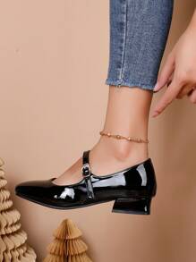 Women's Fashion Chunky Heel Patent Leather Pumps, Comfortable Mary Jane Flats, Ladies Black High Heels, Spring Autumn