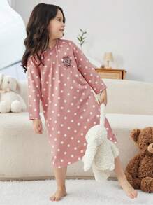 SHEIN 女小童波卡圓點&卡通圖案睡衣套裝 - 粉色 - 查看 4