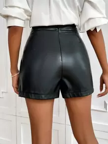 Firerie High Waist Asymmetrical Hem PU Leather Skort - Black - View 2
