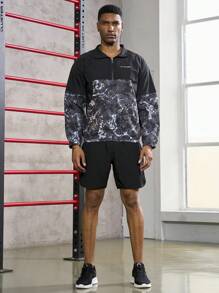 Gym Rark 男友风男士字母图案拼色半拉链运动夹克健身上衣运动夹克 - 黑色 - 查看 3