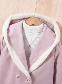 SHEIN Tween Girl 1pc Dual Pocket Double Breasted Fuzzy Trim Hooded Overcoat - Mauve Purple - View 4