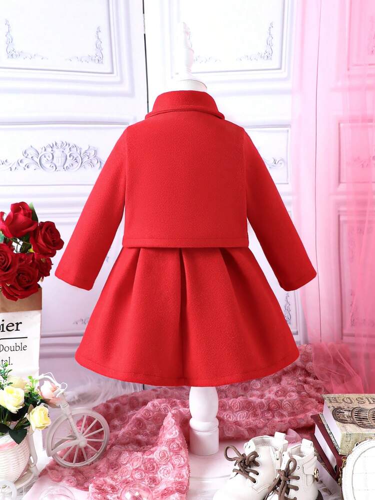 Baby Girl Solid Jacket & Bow Front Fold Pleated Detail Dress