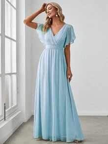 Fall Winter Surplice Neck Butterfly Sleeve Chiffon Light Blue Bridesmaid Dress Elegant Dress Wedding Guest Dress For Wedding Fall Semi Formal Dress