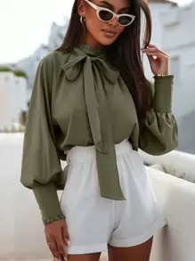 Tie Front Frill Trim Lantern Sleeve Blouse - Green - View 1