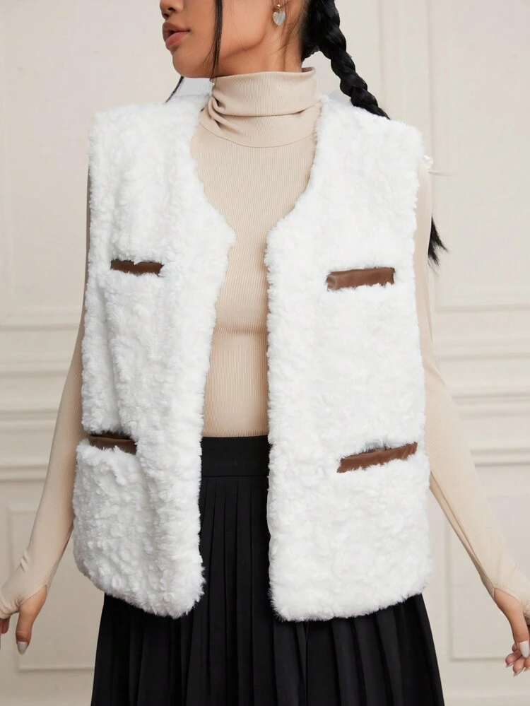 Contrast Trim Open Front Teddy Vest Coat