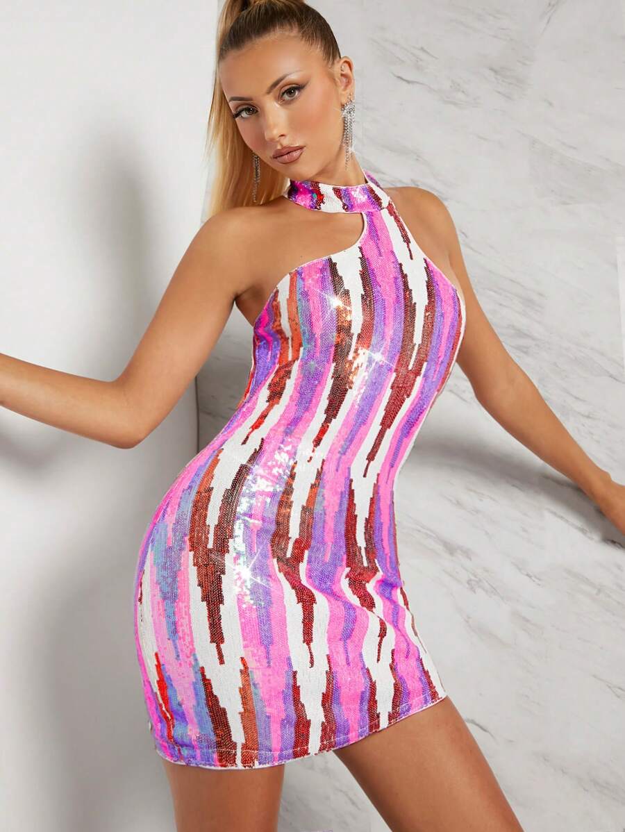 Hauture Open Back Halter Sequin Bodycon Dress - Multicolor - View 1
