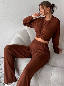 EURMUSE Solid Twist Front Drop Shoulder Crop Tee & Straight Leg Pants - Brown - View 4