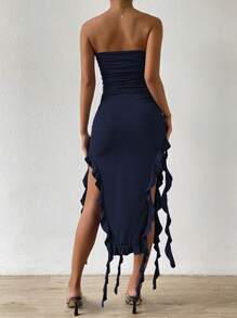 Allurite Ruffle Trim Ruched Split Thigh Tube Dress - Navy Blue - View 2