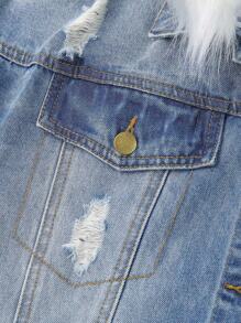 Teen Girl Ripped Fuzzy Trim Hooded Denim Jacket