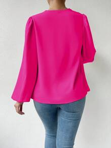 SHEIN Privé cổ áo xếp nếp Tay áo lồng đèn Áo sơ mi - Màu Hồng Tươi - Xem 2