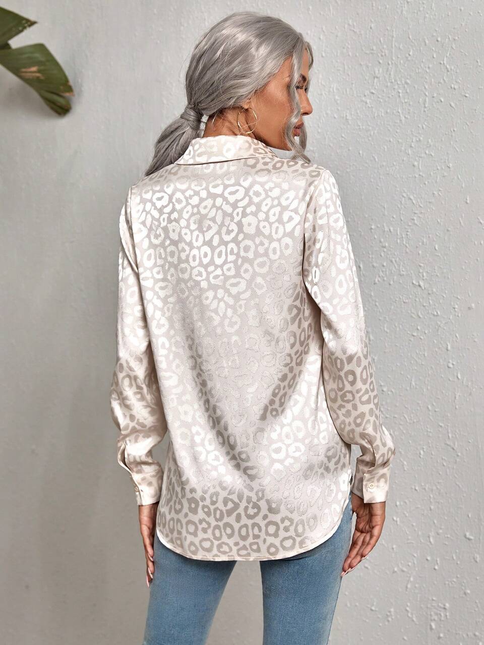 Leopard Jacquard Satin Shirt,White Animal Print,Autumn,Elegant,Office Long Sleeve Blouse,Fringe Polka Dot Top,Casual Social Vacation Spring Outfits