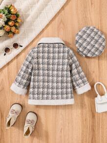 SHEIN Baby Girl Houndstooth Print Borg Collar Overcoat & Hat - Grey - View 2