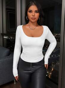 EURMUSE Scoop Neck Solid Tee For Spring & Autumn - White - View 3