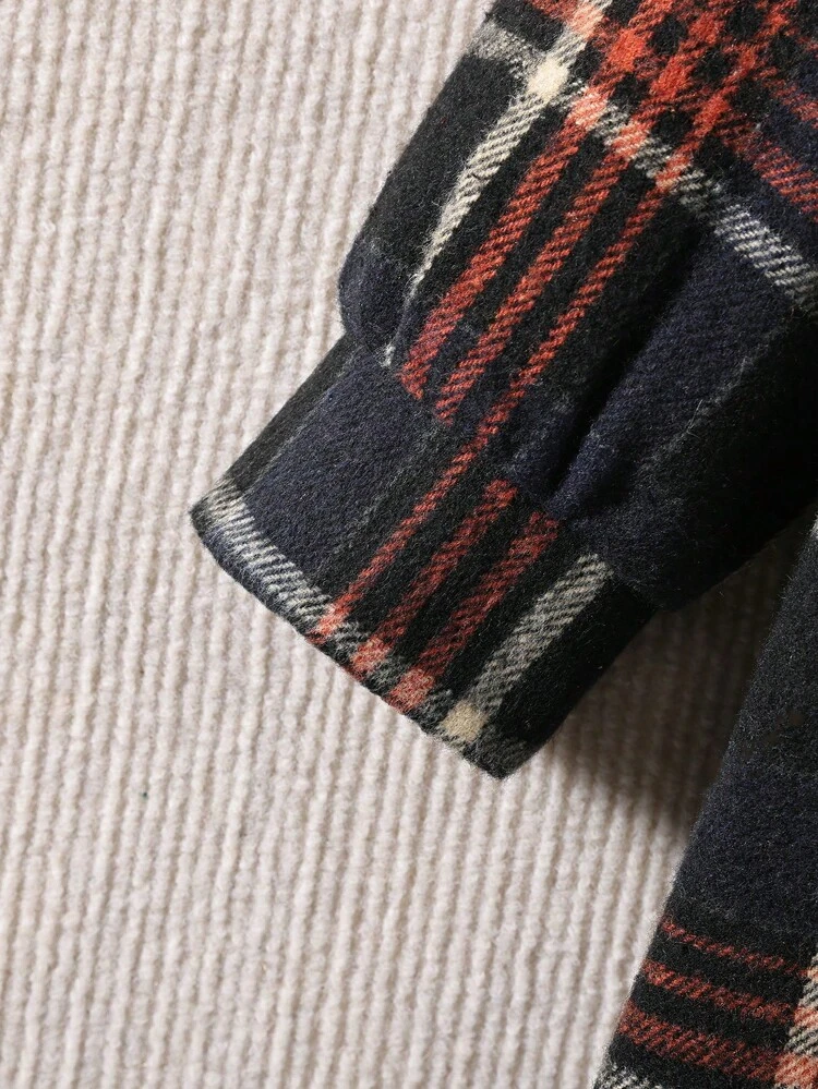 Young Girl Plaid Print Flap Detail Overcoat Without Sweater