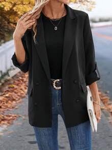 SHEIN LUNE Tay áo cuộn Đôi ngực Áo vest - màu đen - Xem 4