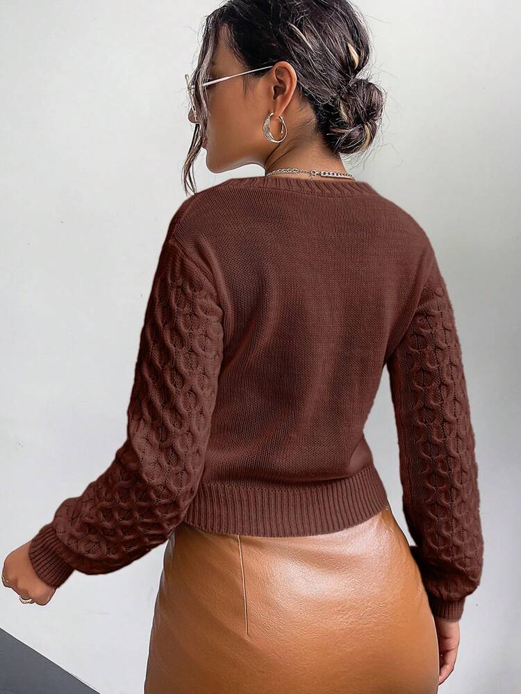 Cable Knit Lantern Sleeve Button Front Crop Cardigan,Long Sleeve Tops Fall Winter Cloth For Women