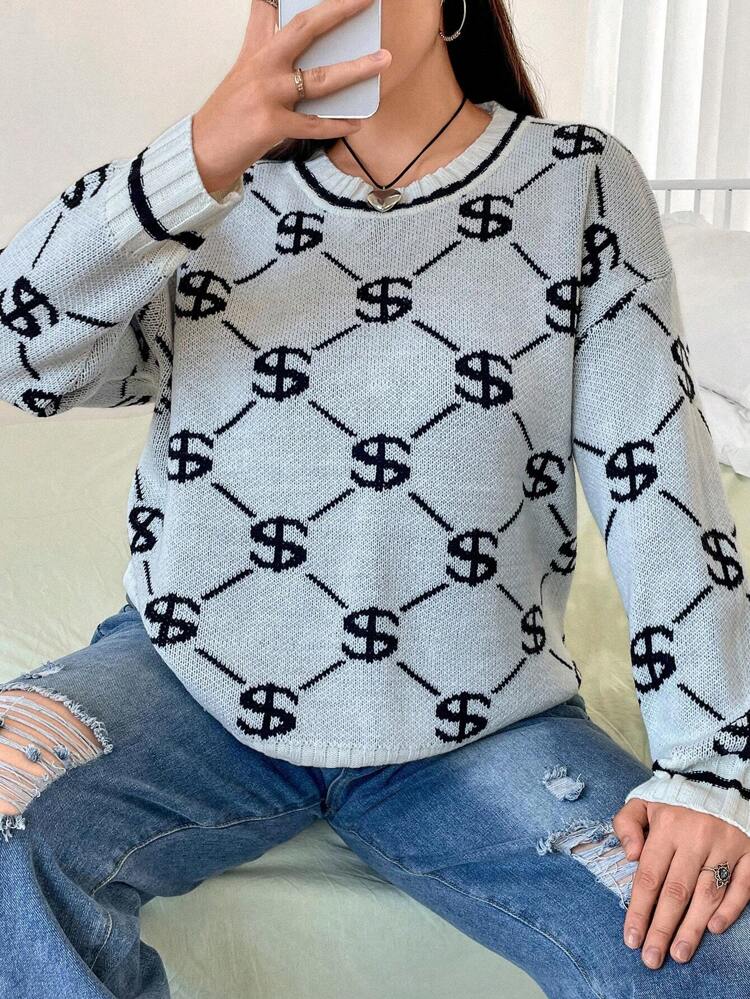 Plus Allover Pattern Drop Shoulder Sweater Knit Pullover Fall Winter Sweater