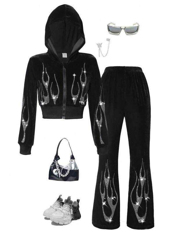 SHEIN Tween Girl, 1 bucată, cu model de foc, catifea, cu fermoar și pantaloni evazați, 1 bucată pentru concert