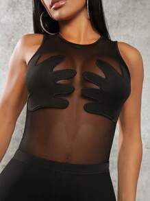 SHEIN SXY Solid Mesh Bodysuit & Leggings - Black - View 3