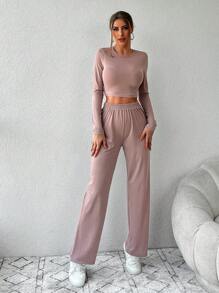 EURMUSE Women's Solid Color Crew Neck Long Sleeve Cropped T-Shirt And Pants Casual 2-Piece Set - Brown - View 6