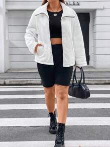 Flirla Áo khoác độn vai có khóa kéo cỡ lớn mùa đông - trắng - Xem 5