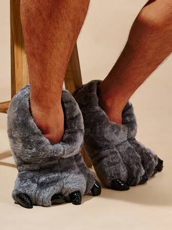 Höst/vinter herrtofflor med plysch och platta klackar, svarta mysiga skor, roliga tofflor