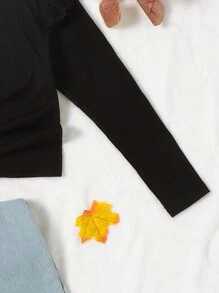 SHEIN Niñas Camiseta ribete en forma de lechuga tejido de canalé - Negro - Ver 4