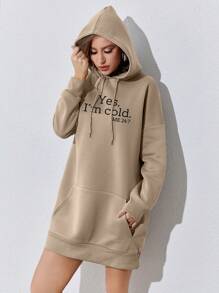 SHEIN Unity 標語圖案袋鼠口袋落肩袖抽繩連帽洋裝 - 卡其色 - 查看 5