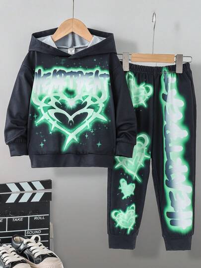 SHEIN 女小童反光愛心圖案連帽衫和運動褲