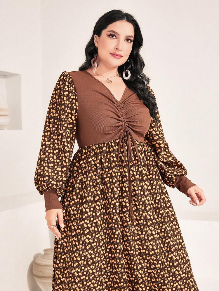 Plus Ditsy Floral Print Drawstring Front Lantern Sleeve Dress Fall Cloth For Women